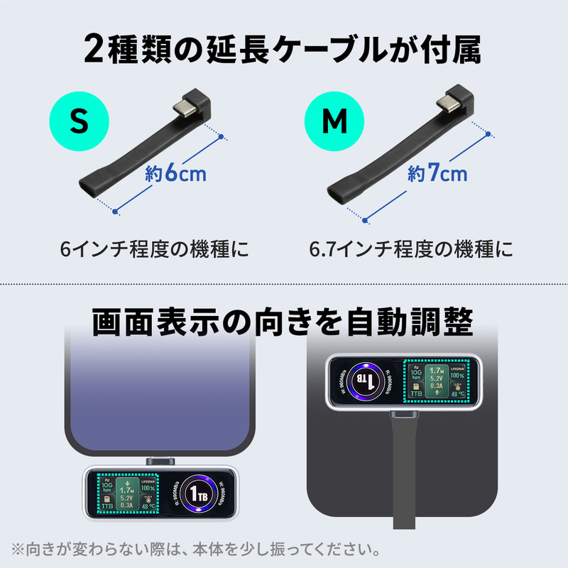 2種の延長ケーブルでスマートフォン背面に固定できる