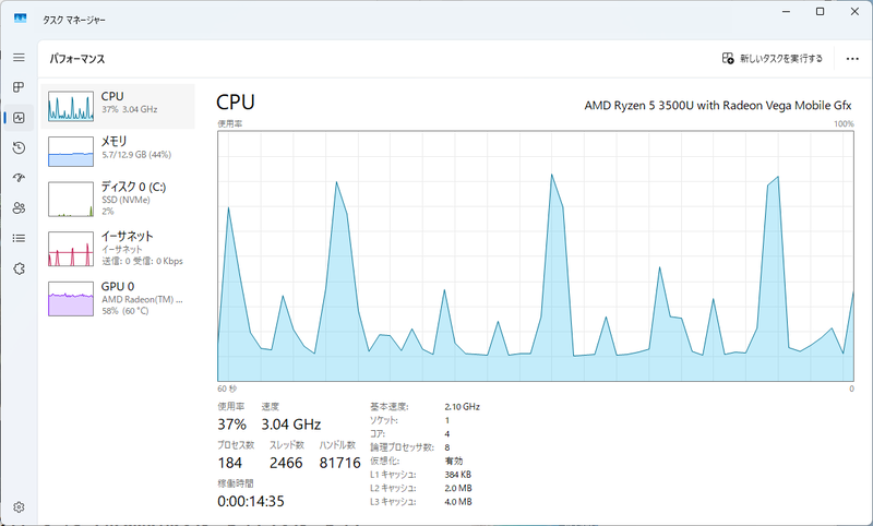NucBox G10上で4K解像度の動画を再生中のタスクマネージャー