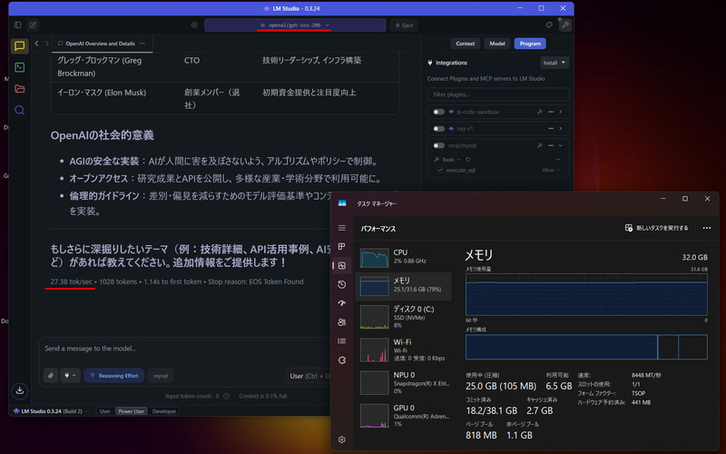 メモリ32GB/Snapdragon X Eliteを搭載したASUS Zenbook SORA(UX3407RA)で動作するgpt-oss-20b。コンテキスト長最大(128k)で27tok/s出ている。メモリ25GB使用