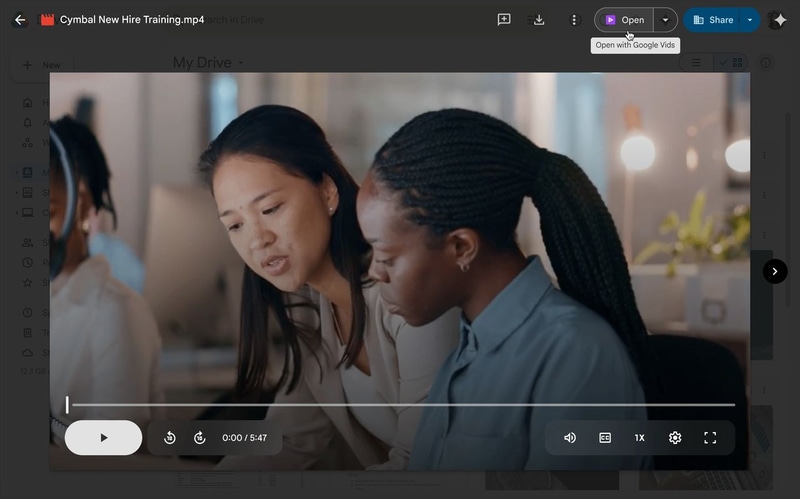 Googleドライブ上からGoogle Vidsにアクセスできるボタン