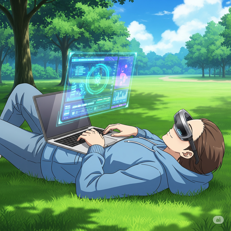 寝転がった姿勢でもPCワークが可能だ<br><span class="fnt-75">※Geminiで生成</span>