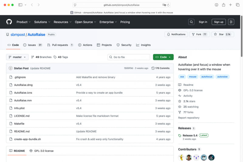 <a href="https://github.com/sbmpost/AutoRaise" class="n" target="_blank">AutoRaiseのページ</a>にアクセスしたら「AutoRaise.dmg」項目を探してクリックしましょう