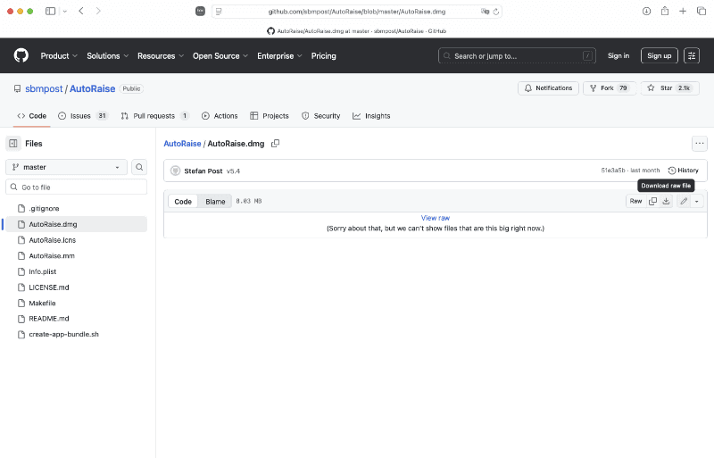画面右側にある[Download raw file]ボタン(鉛筆ボタンの左隣)を押すとダウンロードが始まります