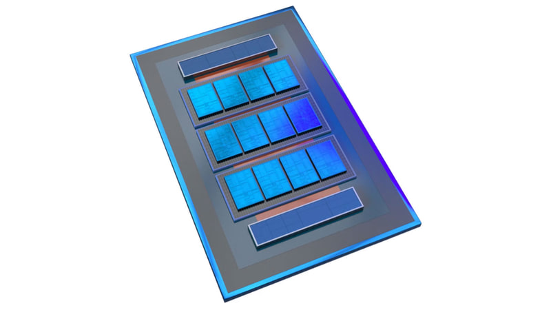 【スライド2】こちらは2024年5月に公開された「<a href="https://www.intel.com/content/www/us/en/foundry/library/advanced-process-technologies-for-data-center.html" class="n" target="_blank">Cutting-Edge Process Technologies for Data Center</a>」より。合計12個のComputeチップレットと思しきものが3つのベースチップレットの上に乗り、さらにその外側にIOチップレットらしきものが配される