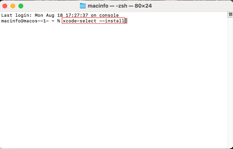 ターミナルを起動したら、xcode-select --installと入力して[return]キーで確定します