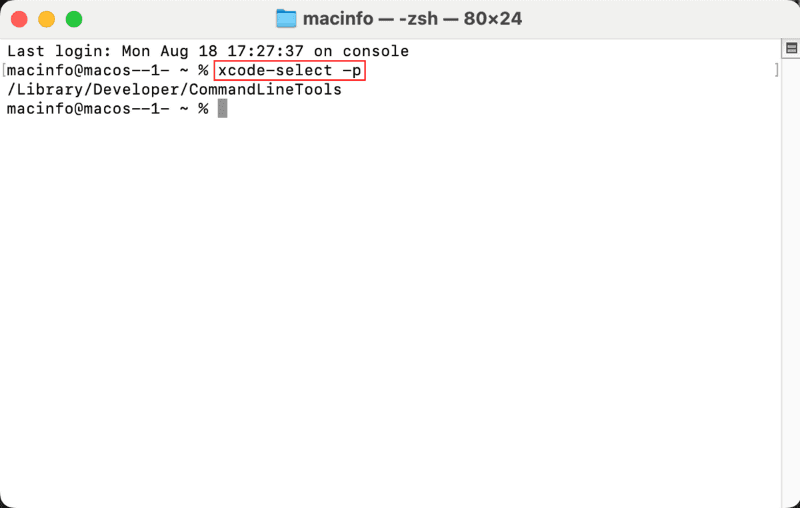 ターミナルを起動してxcode-select -pと入力してインストールされた場所を確認します。/Library/Developer/CommandLineToolsと表示されていれば完了です