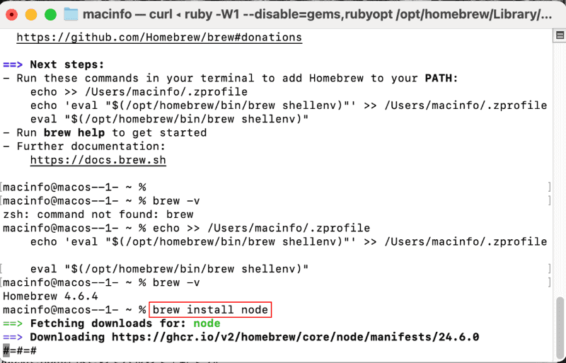 ターミナルにbrew install nodeと入力して実行し、JavaScriptの実行環境であるNode.js(バージョン18以上が必要)をインストールします。同時に、Node.jsのパッケージを管理するためのnpmもインストールされます