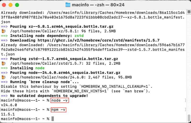 インストールが完了したらnode -vと入力してNode.jsのバージョンを確認します。v24などと表示されれば問題ありません。続けてnpm -vと入力し、npmのバージョンが11などと表示されるか確認します