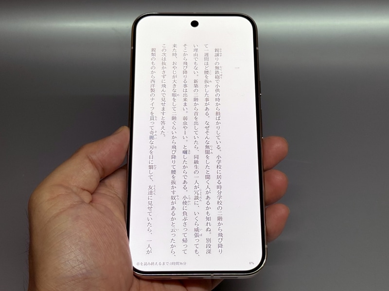 テキストを表示した状態。画面が上下に長いことから1行あたりの文字数はかなり多め。見にくい場合はオプションで上下を詰めるとよい