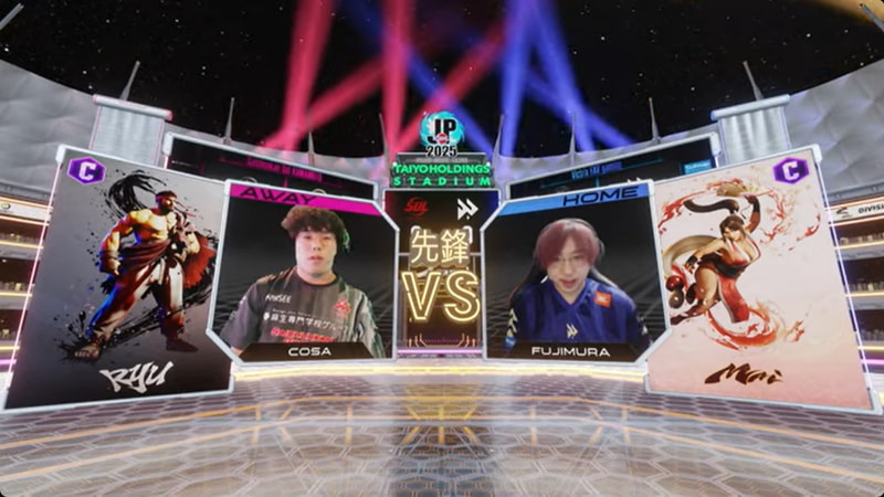 先鋒戦はcosaのリュウと藤村の舞の1戦。試合はすべてオンラインで行なわれており、配信上では背景などのCGに組み込まれる形で見栄えのある映像になっている