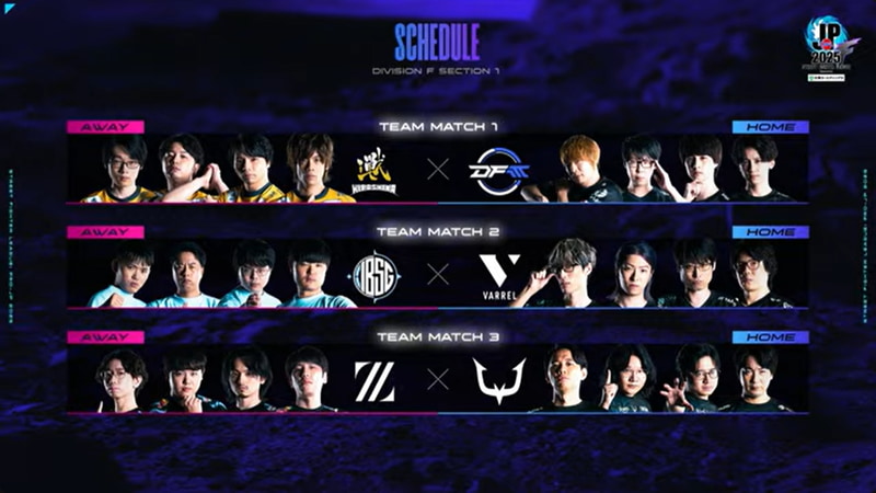 F Division第1節のマッチング。MATCH1はDetonatioN Focus Meと広島 TEAM iXA、MATCH2はVARRELとFUKUSHIMA IBUSHIGIN、MATCH3はREJECTとZETA DIVISION Geeklyの試合が行なわれる