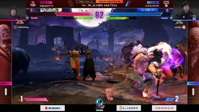 先鋒戦はカワノの豪鬼がフェンりっちのJP相手に2-0勝利の完封。受け身技、アムネジアに対して波動拳で攻撃を仕掛けて、コンボにつなぐなどカワノの読みが光る展開となった
