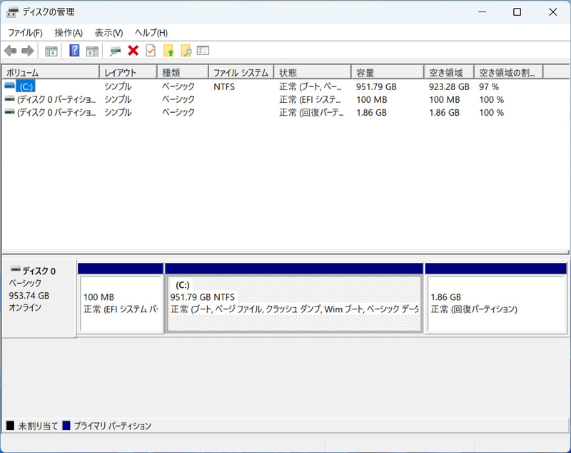 ストレージのパーティション。C:ドライブのみの1パーテションで約951GBが割り当てられている