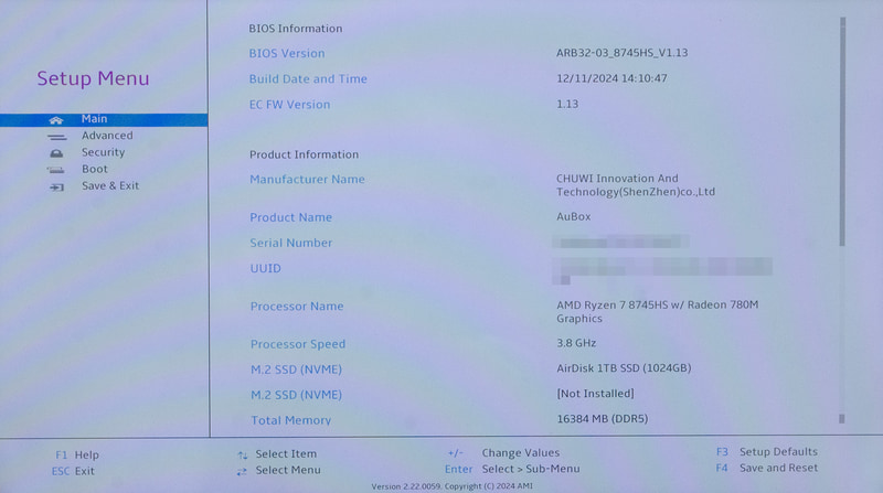 BIOS / Main。起動時[DEL]キーで表示。このタイプの画面は初めて見た