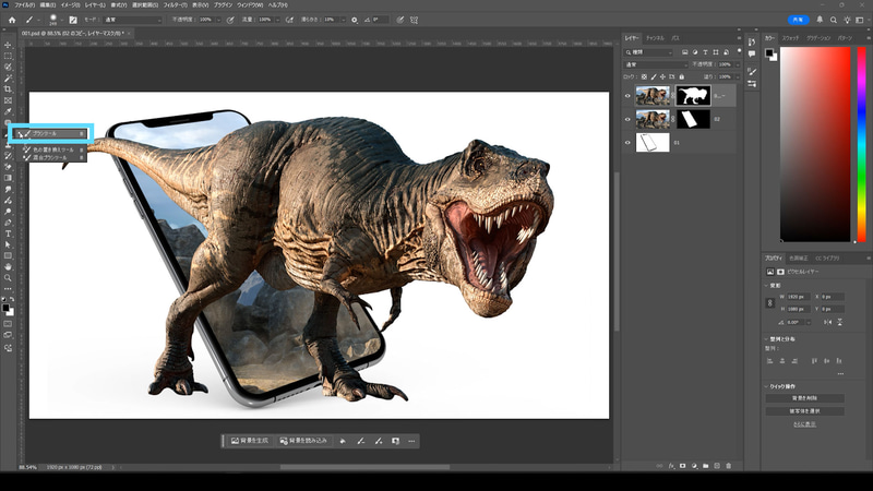 ツールバーからブラシツールを選択し、描画色を黒にします