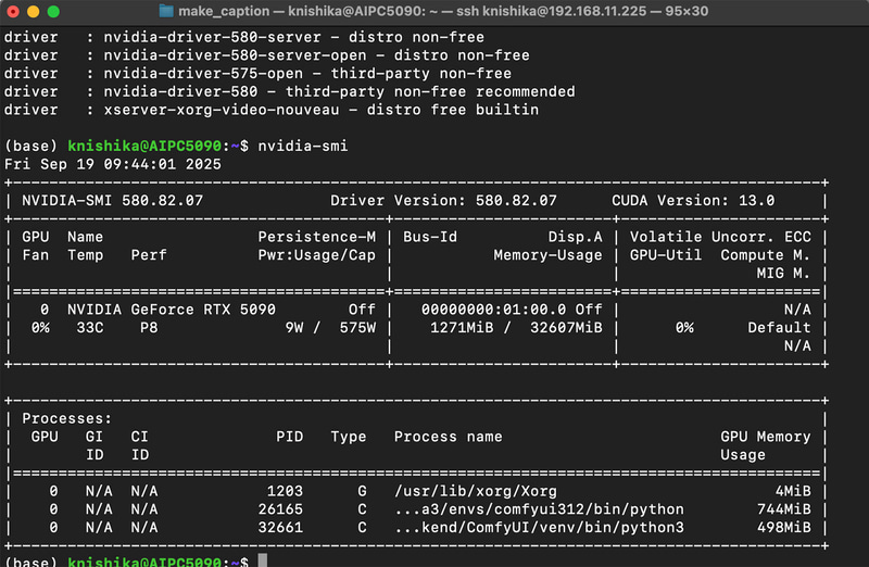 nvidia-smiの実行結果。GeForce RTX 5090を認識。アイドル時は9W程度