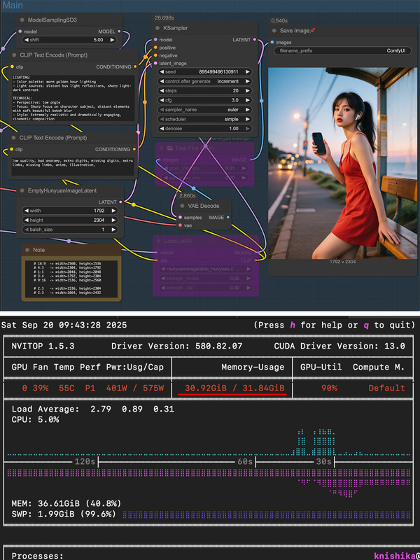 同じPromptを使って(ただしPrompt拡張/refinerなし)ComfyUIを使って生成とGPUのVRAM使用量など