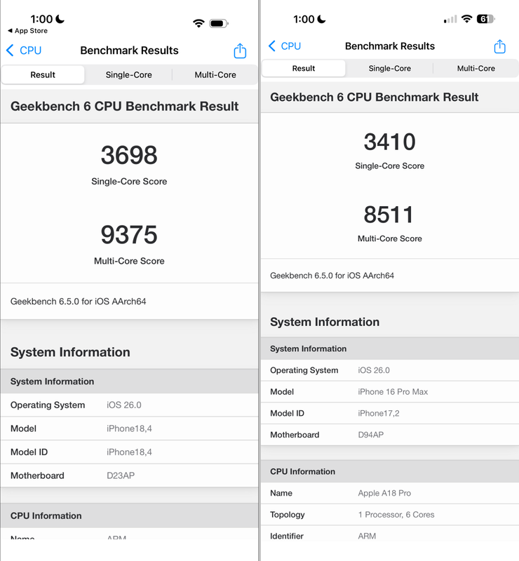 Geekbench 6(CPU)では、本製品が「3698/9375」、iPhone 16 Pro Max(iOS 26適用)が「3410/8511」。こちらは本製品がわずかに上