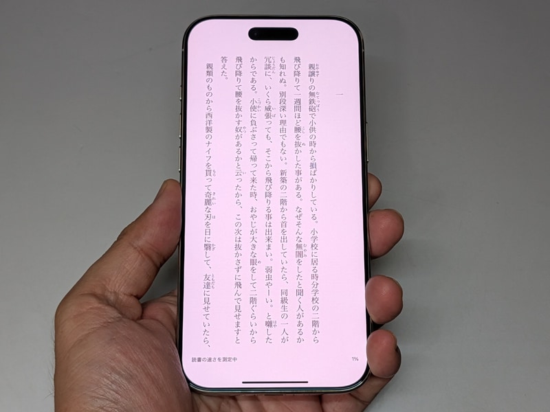 テキストを表示した状態。画面が上下に長いため1行の文字数はかなり多い