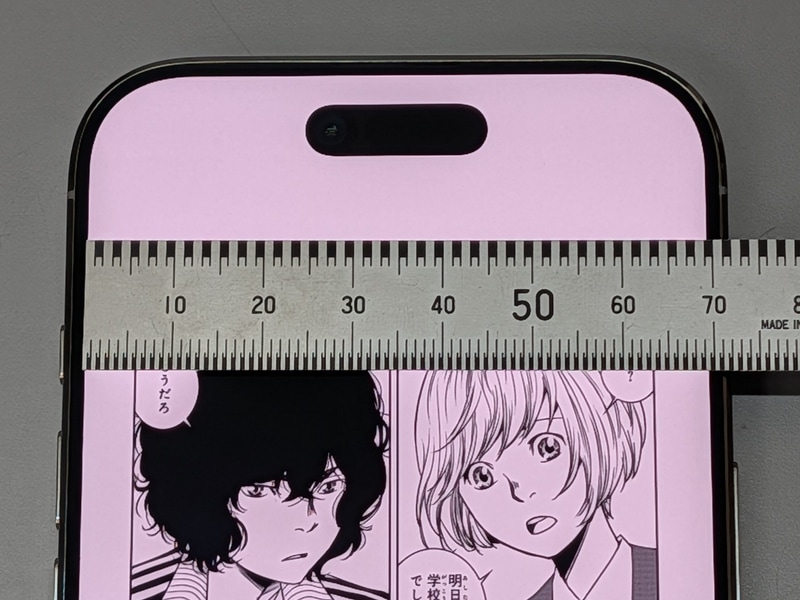 画面幅は69mm。iPhone 16 Pro Maxは72.5mmだったのでひとまわり小さいが、前回紹介したPixel 10 Pro XL(70mm)とは画面サイズを考慮するとよい勝負になっている