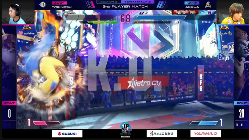 大将戦はACQUAのブランカと鶏めしのダルシムの1戦。鶏めしはキャミィが来ると睨んでいたようで、試合前のインタビューにおいては、ACQUAに「人の心はないんか？」とぼやくほど。試合はACQUAのブランカが3-1で勝利