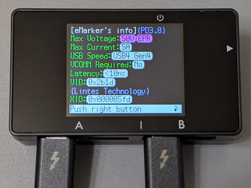Thunderbolt 5ケーブルにおけるE Markerの詳細画面。最大電圧が「50V」でUSB PD EPRに対応、最大電流が「5A」、速度が「USB4 Gen4」、つまり最大80Gbpsであることが分かる
