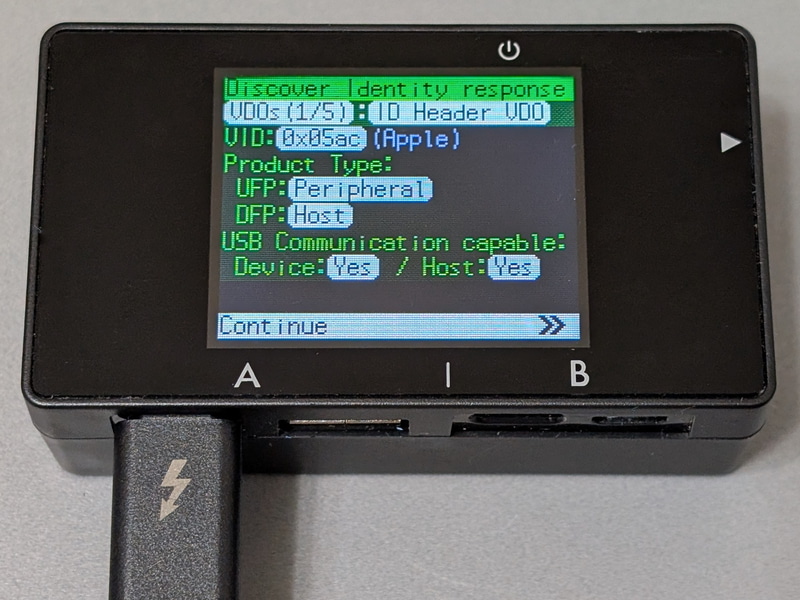 VDO情報。デバイス側から返ってきた情報すべてが、複数ページにわたって表示される。Product Typeを見るとUSB接続時にどのような用途を想定しているかが分かる