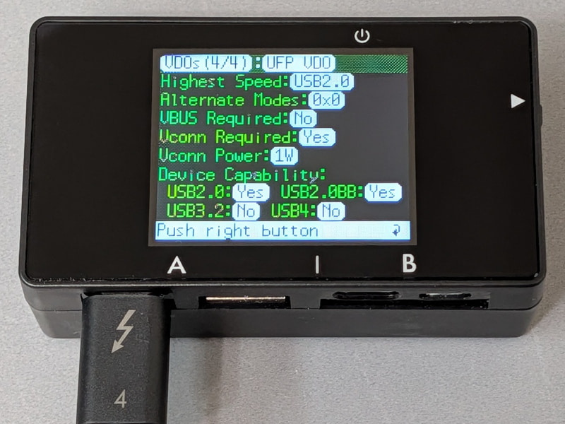 VDO情報も同様に表示される。Thunderbolt 4対応のはずだが速度は「USB 2.0」、USB 3.2とUSB4は非対応と表示された。詳細は不明だ