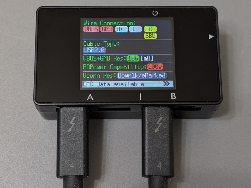 Thunderboltケーブルは全結線のはずだが、全長2mのアクティブケーブルは「TX1」「RX1」「TX2」「RX2」が表示されないなど不正確な表示になる(ケーブルタイプもUSB 2.0となっている)。このように仕様上の制限は少なからずある