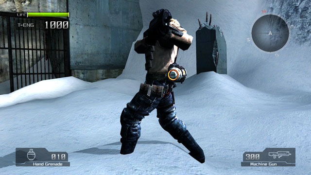 歩行アニメーションに対してIK補正なし。足が地面に潜り込んでしまっている。「ロストプラネット」(カプコン、2006年)より(©CAPCOM CO., LTD. ALL RIGHTS RESERVED.)