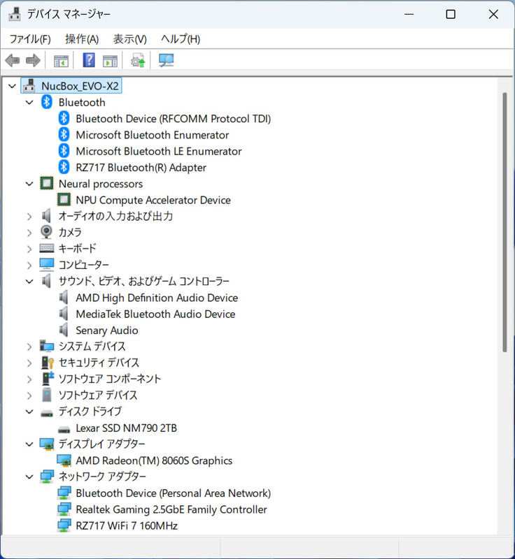 デバイスマネージャー/主要なデバイス。M.2 SSD 2TBは「Lexar SSD NM790」。2.5GbEはRealtek Gaming 2.5GbE Family Controller、Wi-FiはRZ717 WiFi7 160MHz、BluetoothもRZ717
