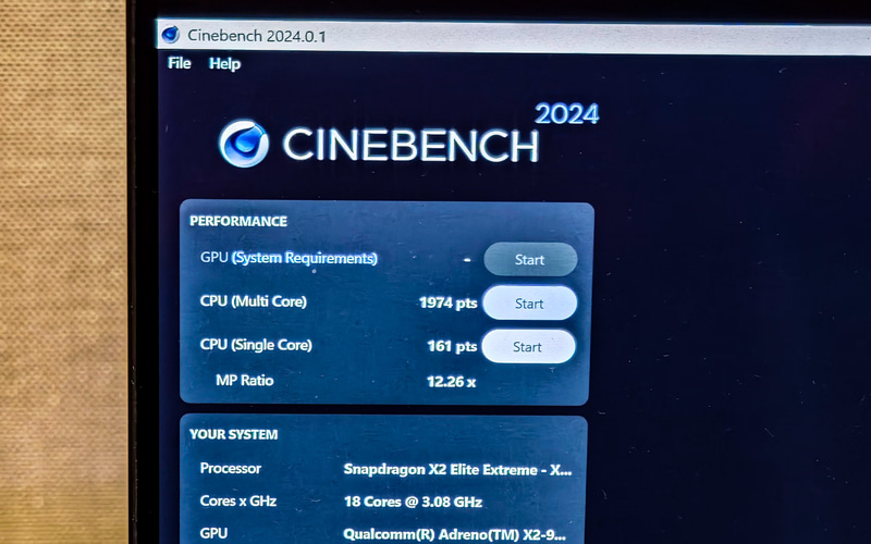 Snapdragon X2 Elite Extremeを搭載したシステムのCinebench 2024の結果、シングルスレッドが161、マルチスレッドが1974とノートPCとしてはかなり速い