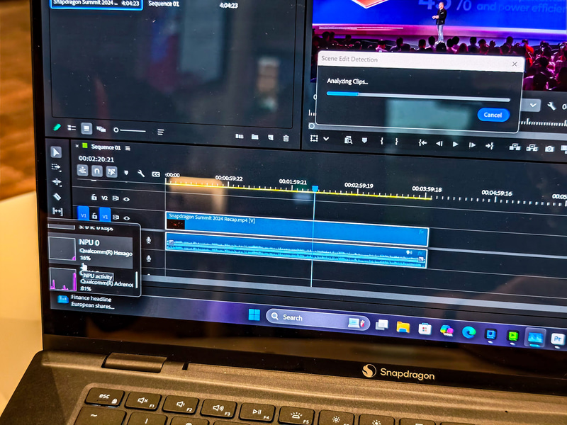 Premiere Pro(ベータ版、Armネイティブ)でシーン編集の検出をNPUで実行しているところ
