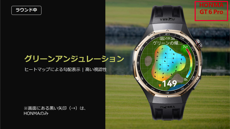 グリーンアンジュシミュレーション機能。矢印表示はHONMAモデルのみだ