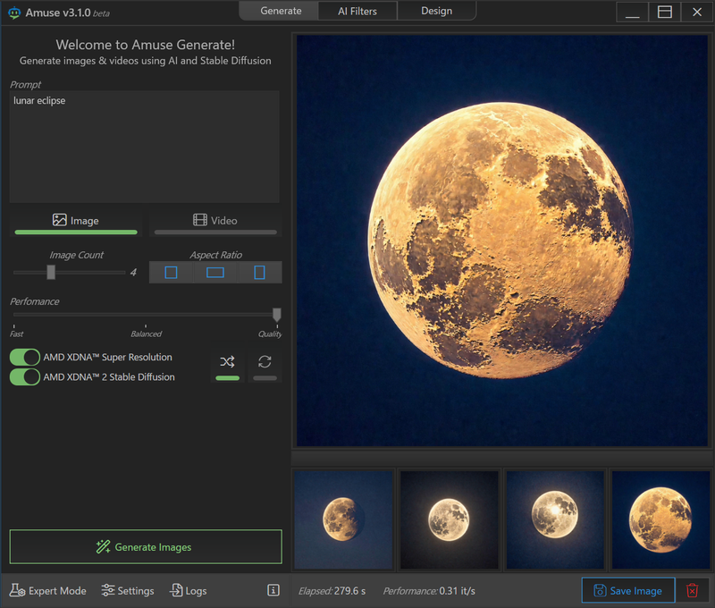AMDのNPUが認識されている場合は、標準では「AMD XDNA 2 Stable Diffusion」が有効になっている。無効にしてGPUで生成することも可能