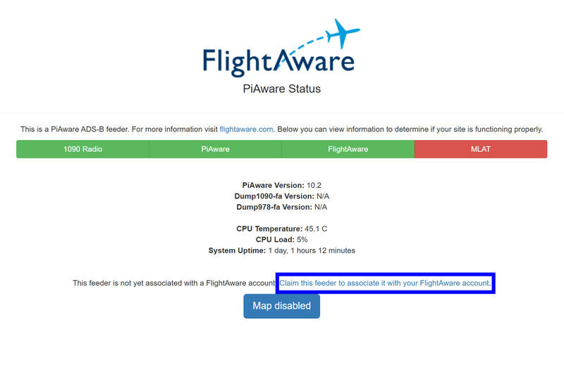 本来はこの画面でマップが表示されるのだが、ADS-B Feederが表示しないよう制御している。また、デコーダとなるDump1090-faがN/Aとなっているが、ADS-B Feederでは代わりにReadsbを採用している