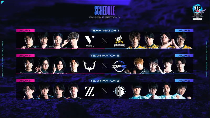 本日のDivision FのマッチングはMATCH 1がVARREL vs 広島TEAM iXA、MATCH 2がREJECT vs DetonatioN FocusMe、MATCH 3がZETA DIVISION Geekly vs FUKUSHIMA IBUSHIGINの3試合