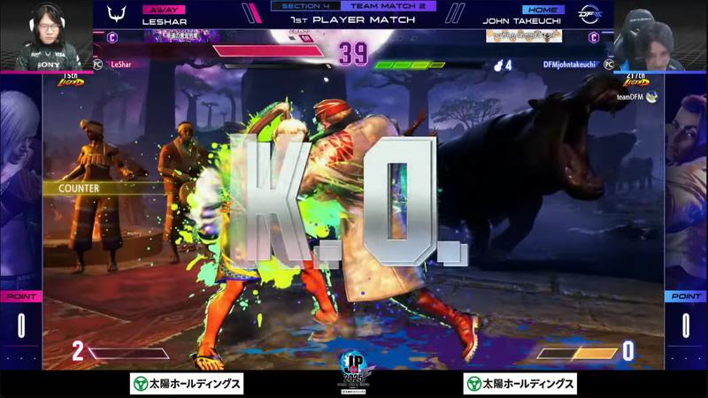 先鋒戦の試合は竹内ジョンのジェイミーとLeSharのエドによる1戦。LeSharのエドの立ち回りが凄まじく、2-0ストレートで勝利し、竹内ジョンのジンクスは破れることとなった