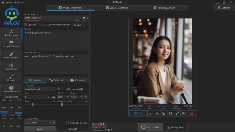 AMD用SDXL、832x1216/28 steps、16.4s