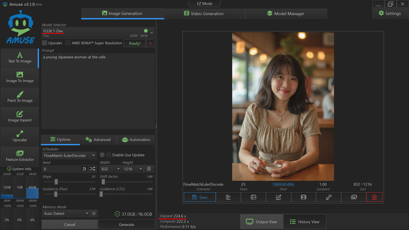 汎用FLUX.1 dev、832x1216/25 steps、224.6s