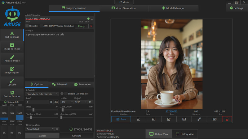 AMD用FLUX.1 dev、832x1216/25 steps、494.3s