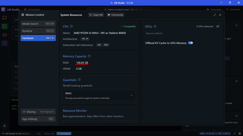 LM Studioの設定。システム的にはRAM 126.65GB