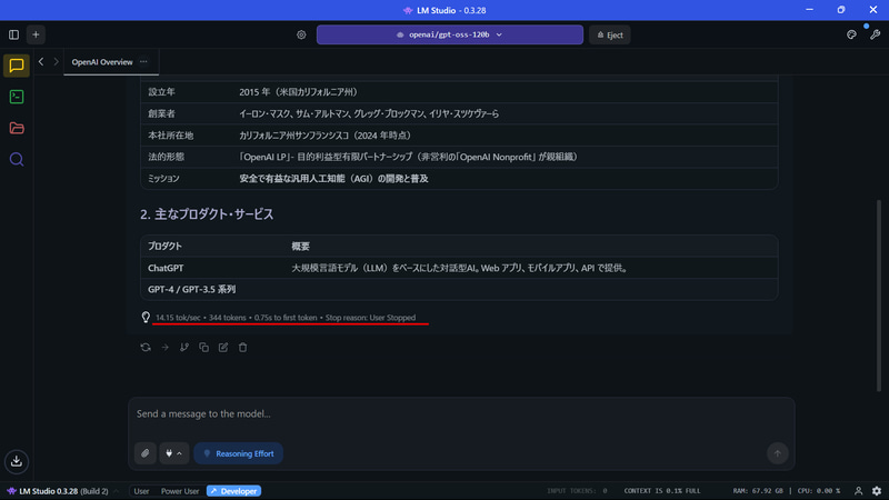 LM Studioでgpt-oss-120bを実行(コンテキスト長最大)。14.15tok/s