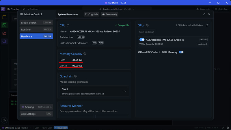 LM Studioの設定。システム的にはRAM 31.65GB、VRAM 96GB
