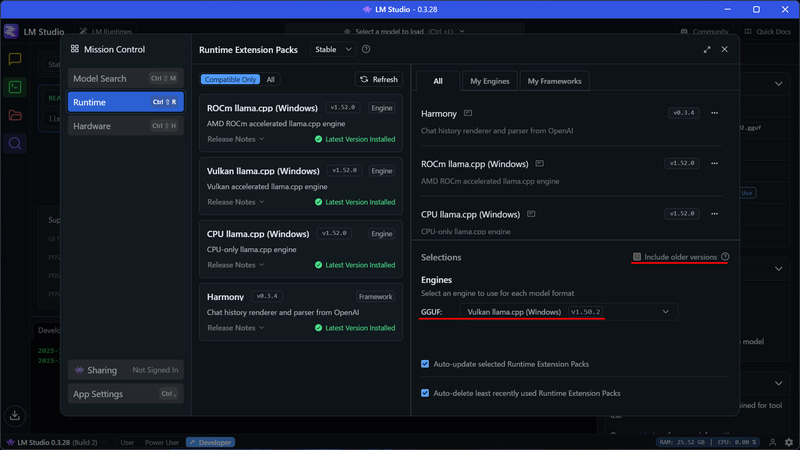 LM Studioの設定。GGUFのエンジンをVulkan v1.50.2へ