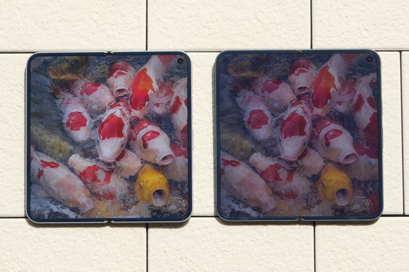 折りたたみディスプレイ側も輝度が高められているため、直射日光下ではPixel 9 Pro Fold(右)より視認性に優れる