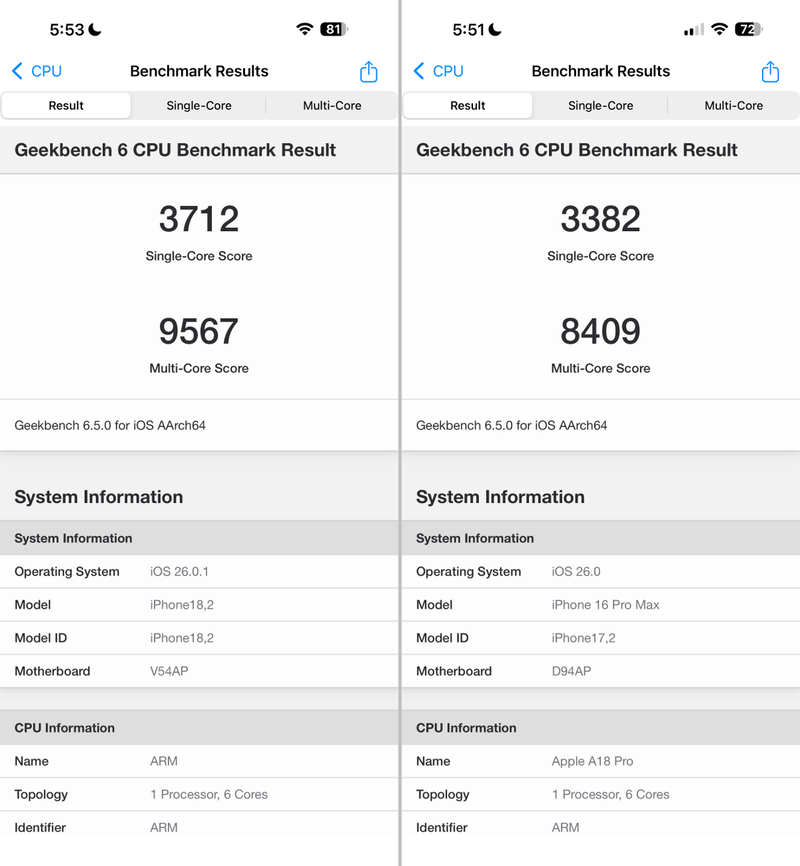 Geekbench 6(CPU)では、本製品が「3712/9567」、iPhone 16 Pro Maxが「3382/8409」。本製品が9.8%/13.8%高い