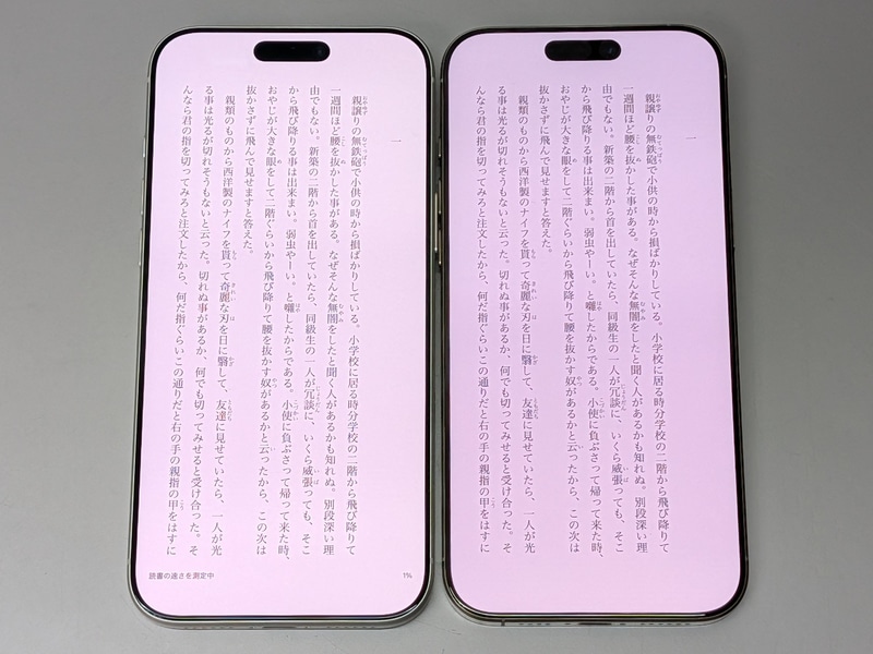 従来のiPhone 16 Pro Max(右)との比較。画面サイズおよび解像度が変わっていないため、1行あたりの文字数および行数はまったく同じだ