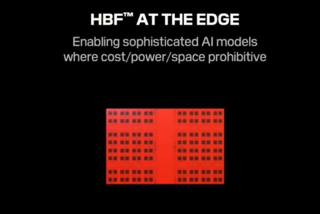 HBFの主な用途: エッジのAI推論サーバー。下部にある赤い図形はHBF用コアダイ(NANDフラッシュメモリ)のレイアウトだと見られる(中央を縦に走る太い帯がTSV用領域)。2025年8月6日(米国時間)に半導体メモリのイベント「FMS(the Future of Memory and Storage)」でSandiskが公表した講演スライド(基調講演)から
