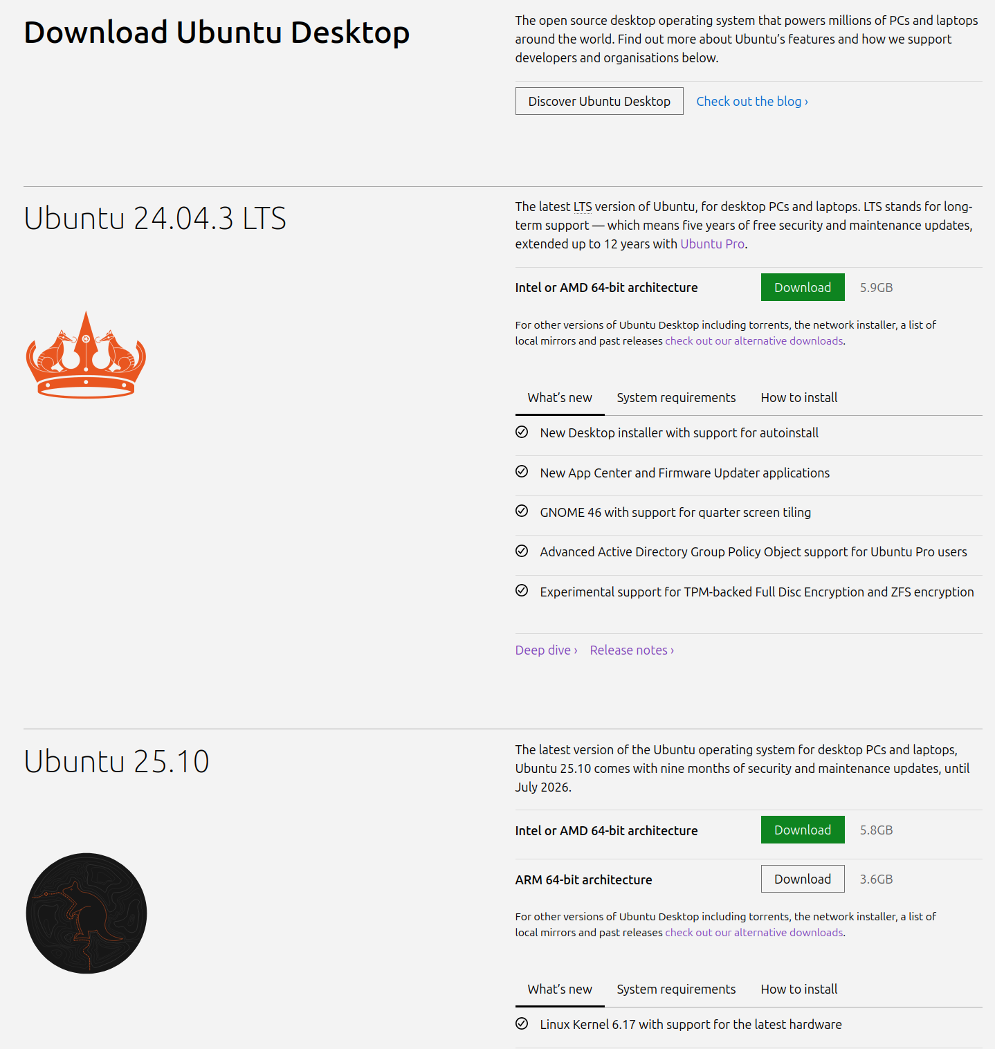 25.10がリリースされたばかりの最新版だが、古いマシンであればとりあえず24.04 LTSをダウンロードしておこう